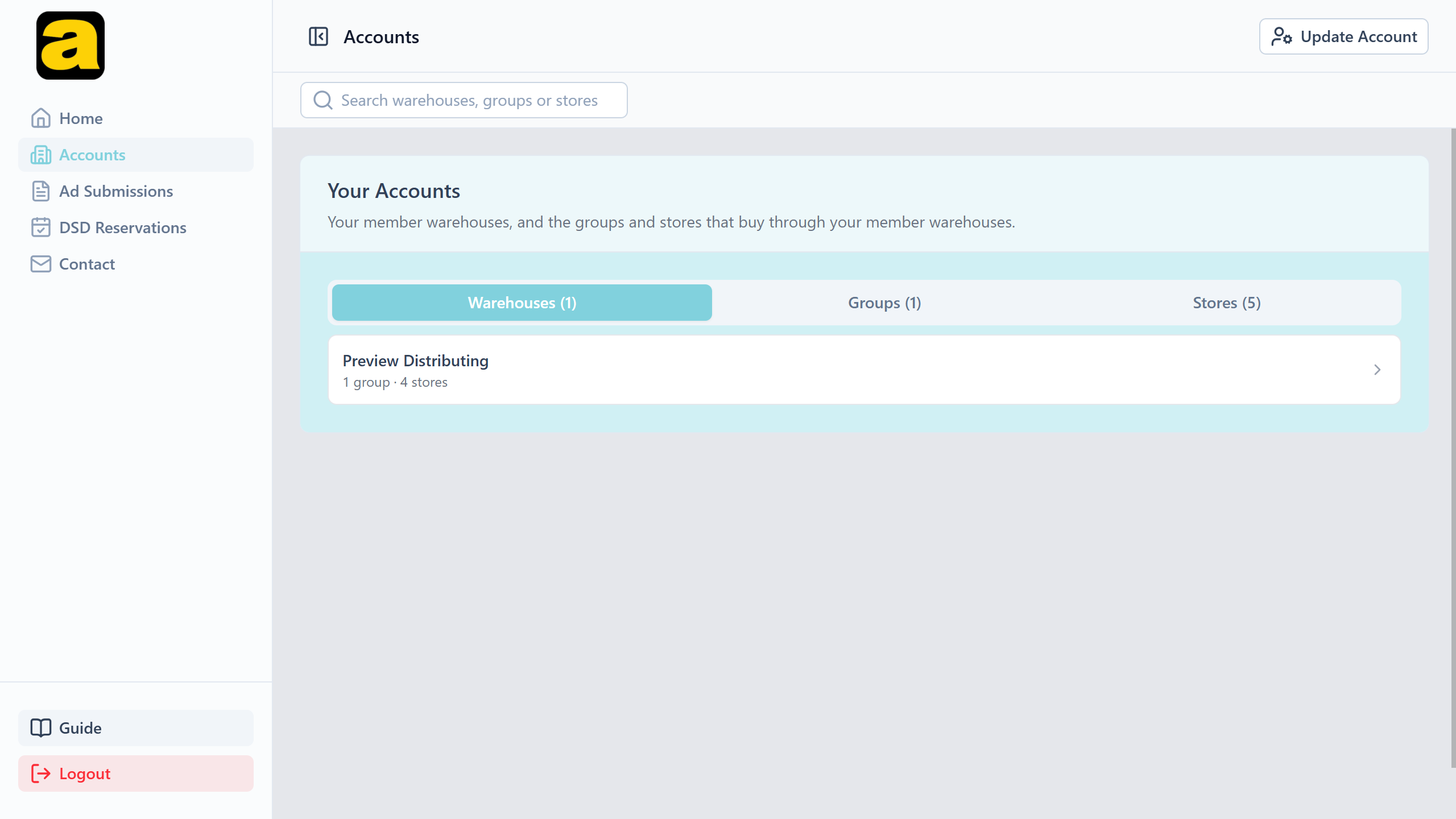 The Accounts page on its Warehouses tab, with Warehouses (1), Groups (1) and Stores (5) tab labels, a search box for all three, and one member warehouse row reading 1 group · 4 stores