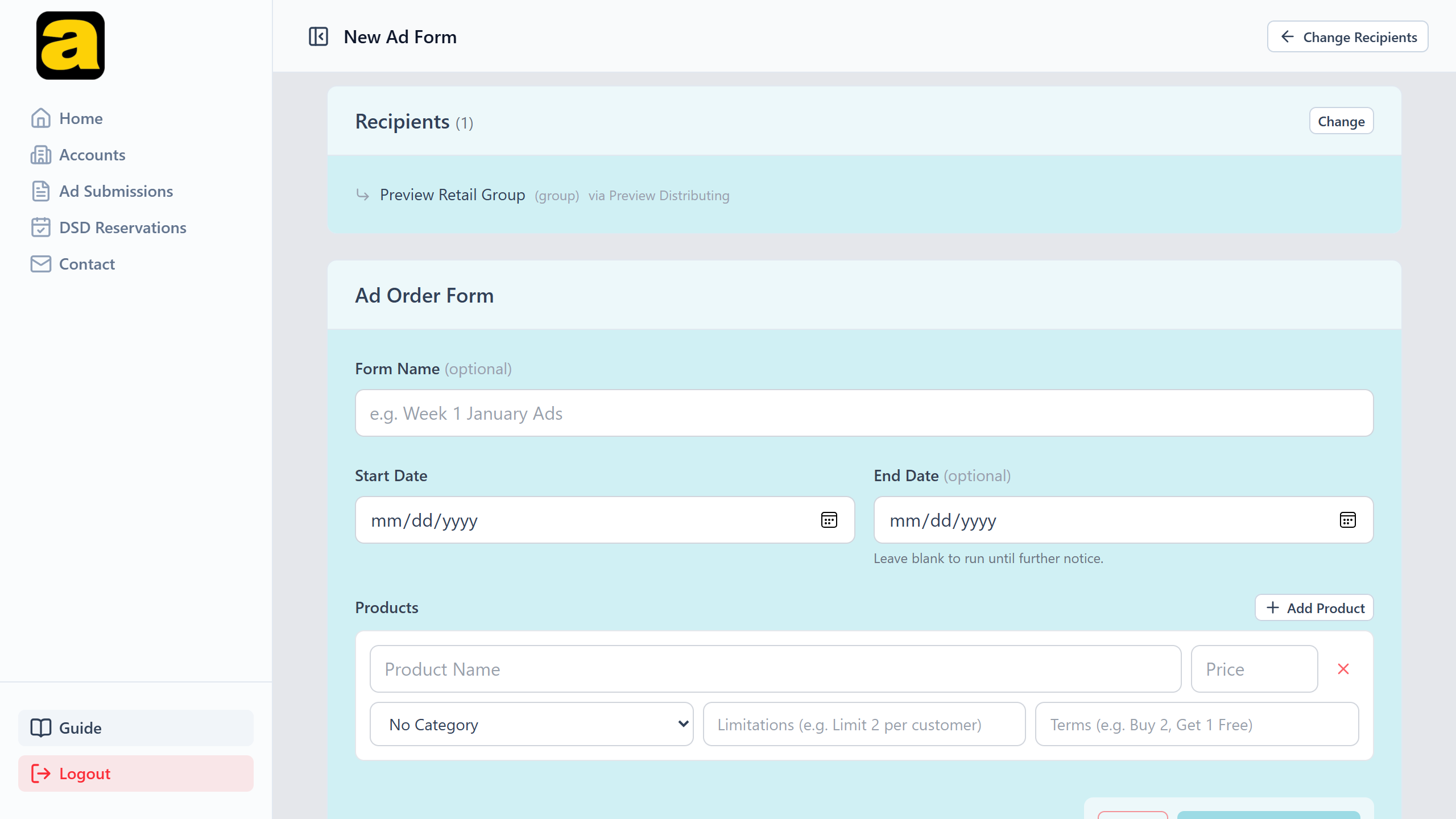 Step 2: a Recipients card reading Preview Retail Group (group) via Preview Distributing, with a Change button, above the ad order form and a Send for Approval button