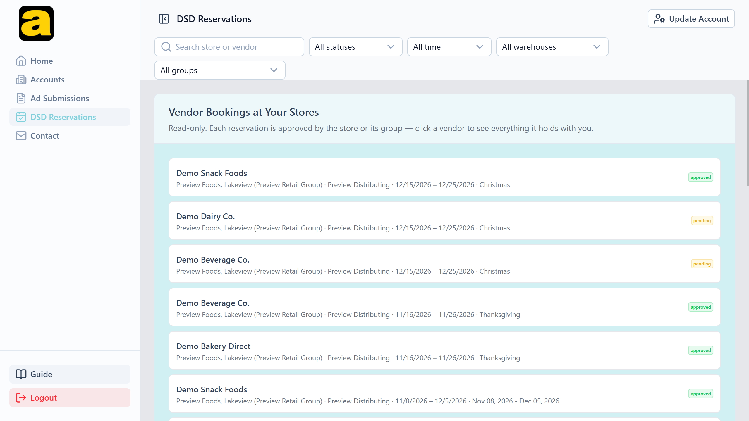 Vendor Bookings at Your Stores with a Warehouse select, a Group select, status and period filters, and a list of bookings across the members' stores