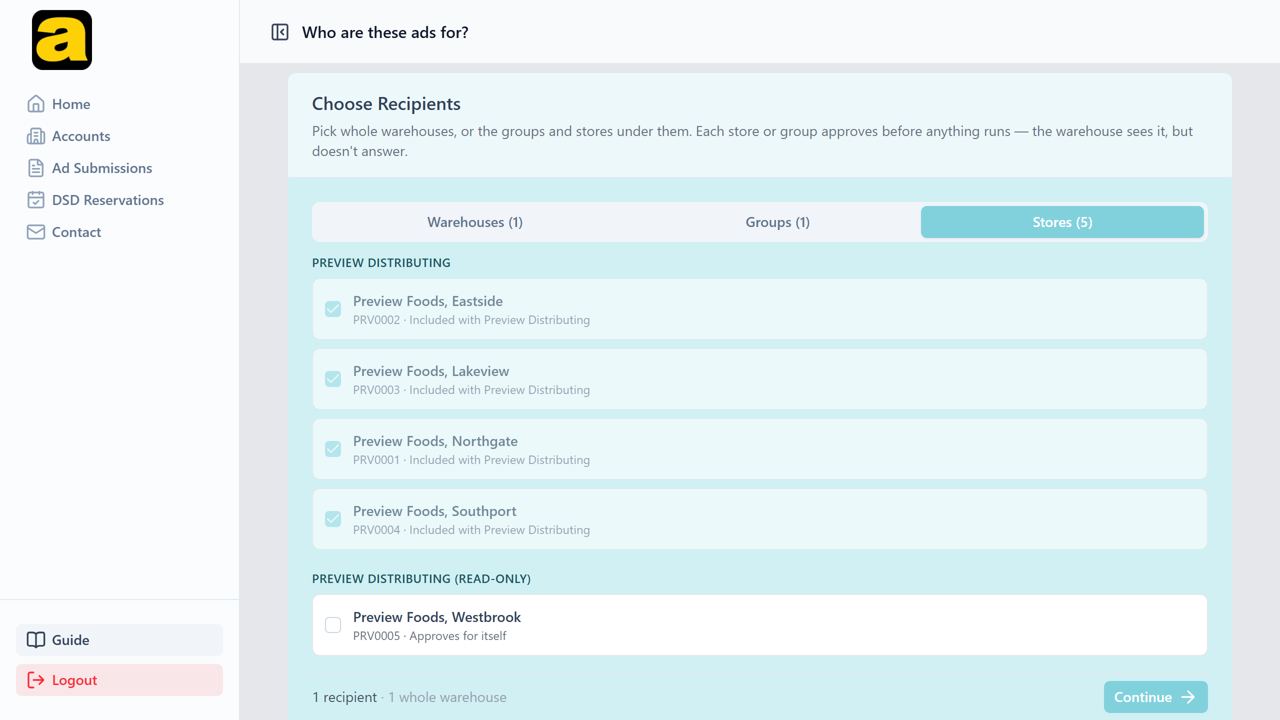 The Stores tab after a warehouse has been ticked, sectioned under two warehouse headings: the four stores under the ticked one are checked and greyed with Included with Preview Distributing beside each, while a store under the other warehouse reads Approves for itself and can still be ticked