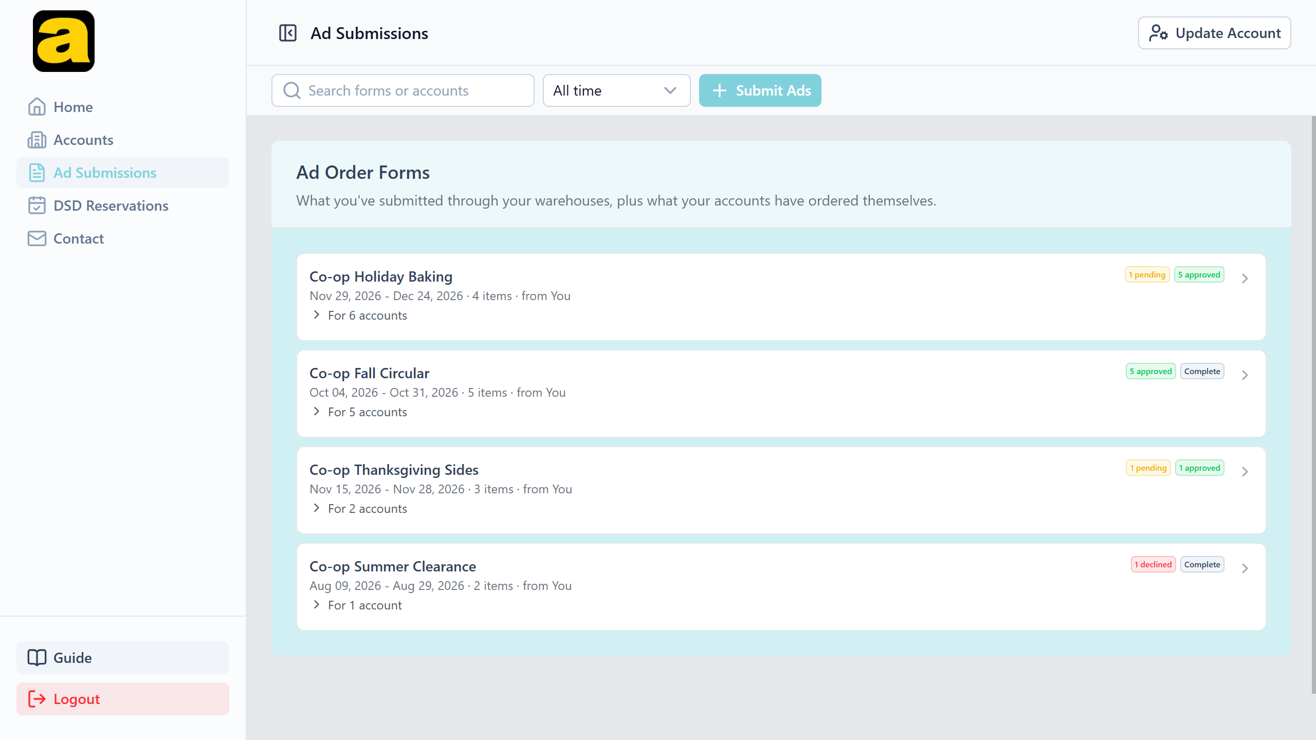 The co-op's Ad Submissions list: four forms with rollup badges reading 1 pending 5 approved, 5 approved Complete, 1 pending 1 approved, and 1 declined Complete, each with a For N accounts row that expands