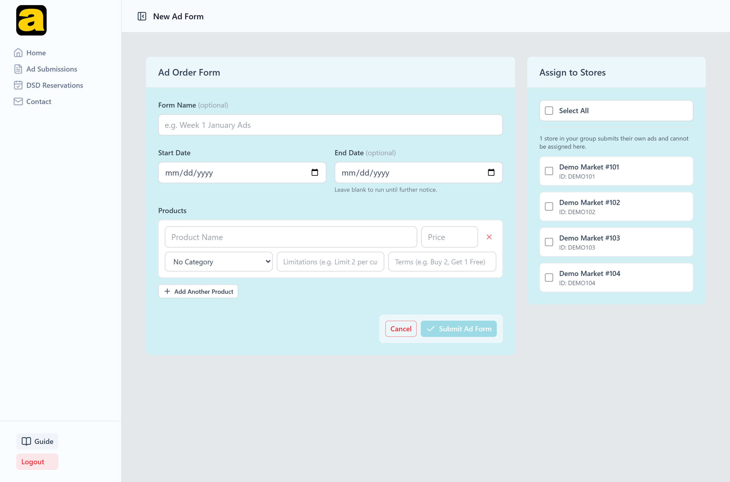 The group ad order form, with product rows beside an Assign to Stores checklist that notes one store was excluded