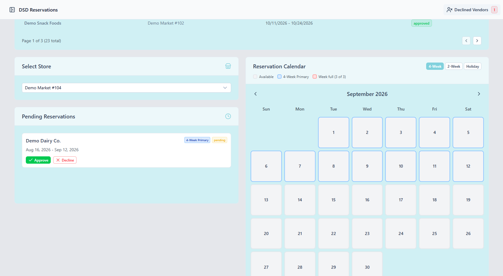 Group DSD screen with a store picker, a pending reservation showing Approve and Decline buttons, and that store's calendar