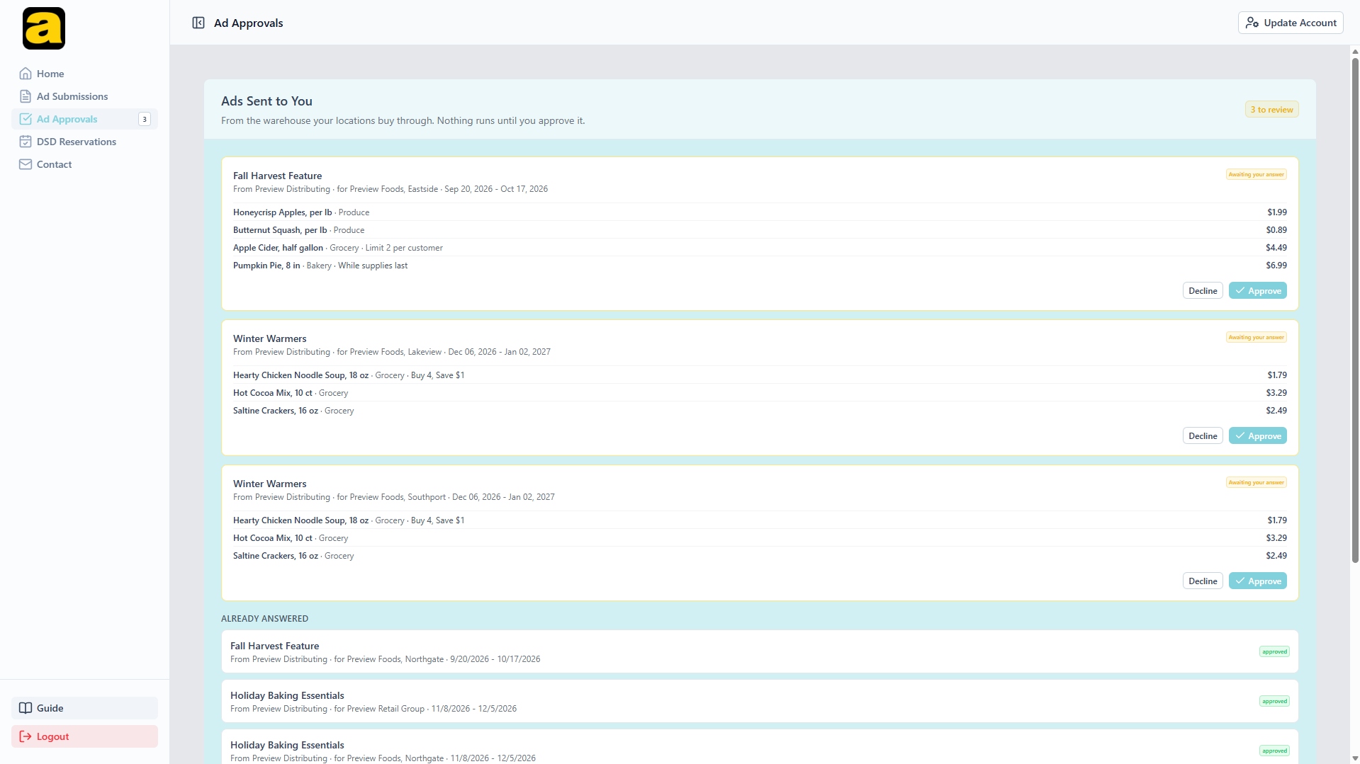 The Ad Approvals page: the sidebar item carries a 3 badge, the Ads Sent to You card says 3 to review, and three pending requests each name the warehouse, the location they are for, their dates and products, with Decline and Approve; an Already answered list starts below