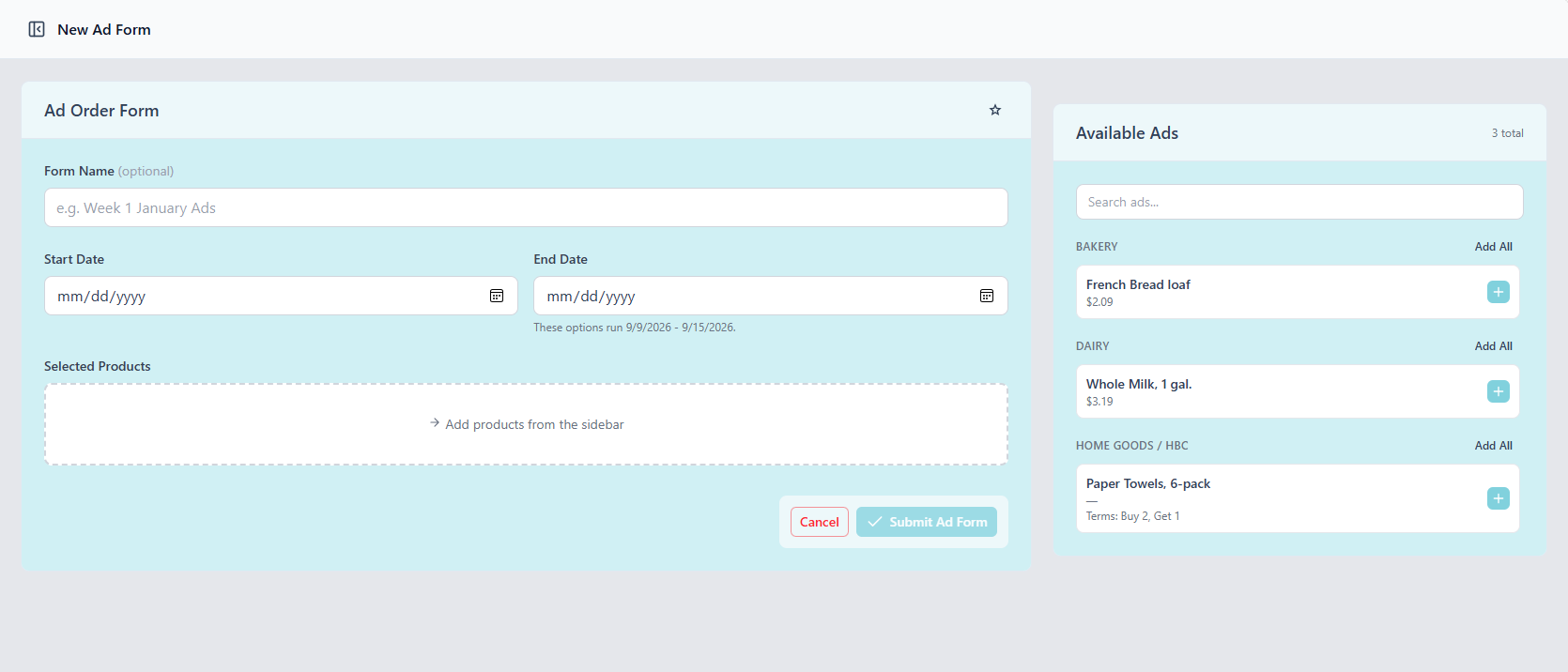 The create form with an Available Ads sidebar grouped by category, and a note that the options run 9/9/2026 to 9/15/2026