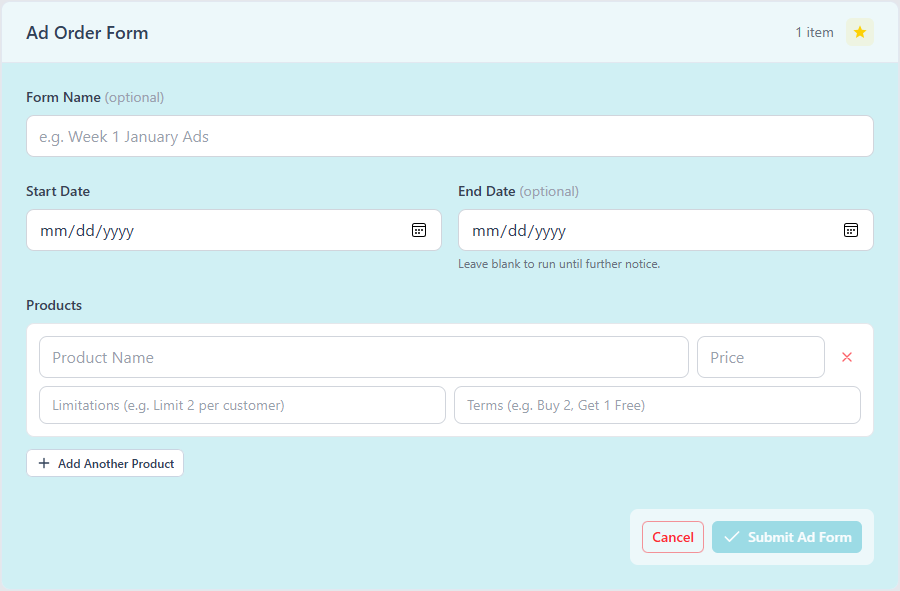 The ad order form: form name, start and end dates, and a product row with name, price, limitations and terms