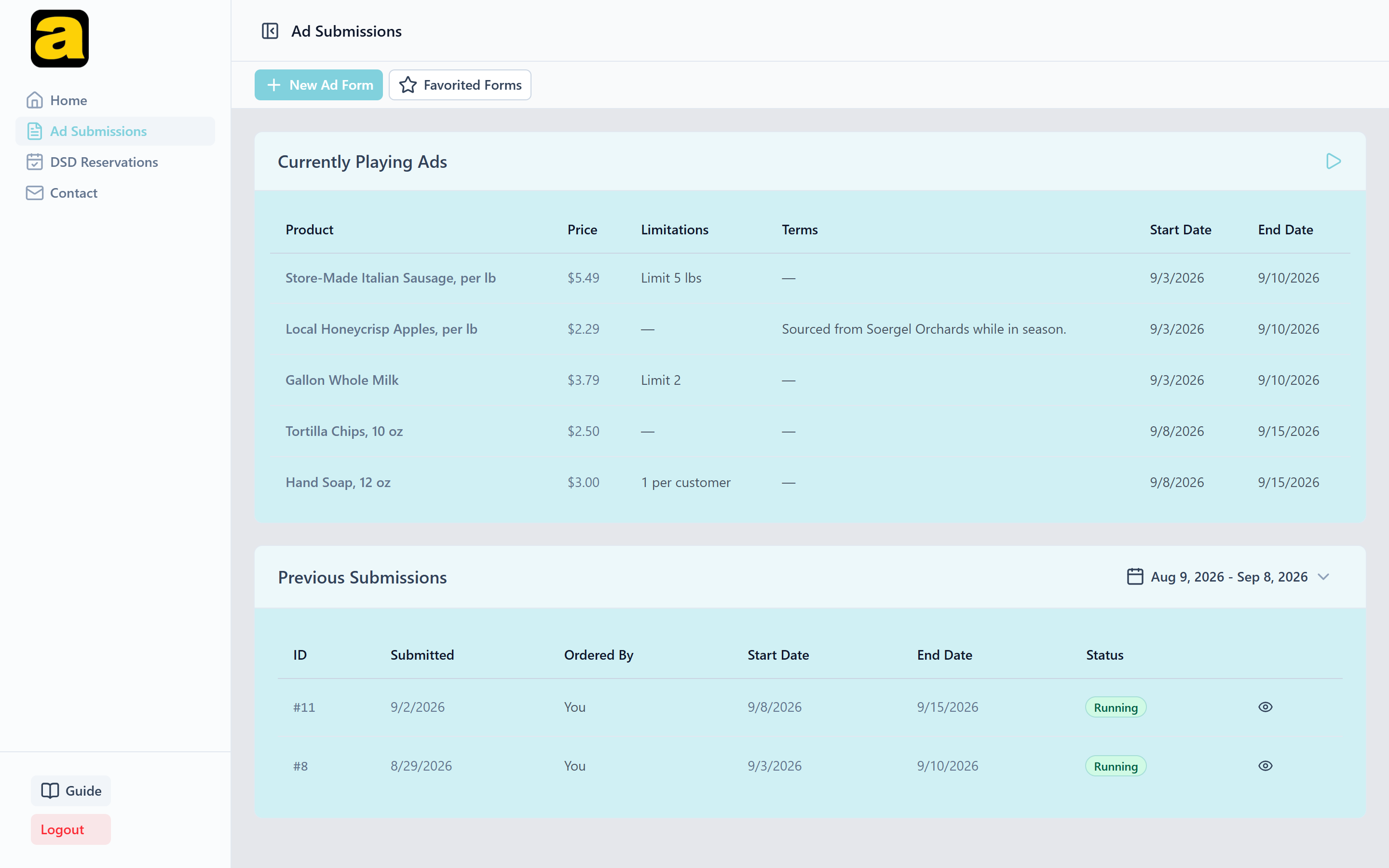 The Ad Submissions screen with New Ad Form and Favorited Forms buttons above the current ads