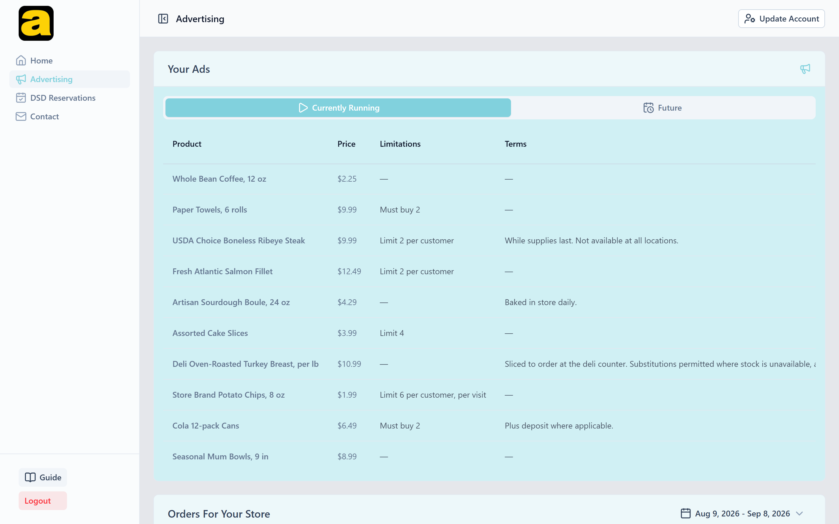 The Advertising screen, with Currently Running and Future tabs over a table of products, prices, limitations and terms