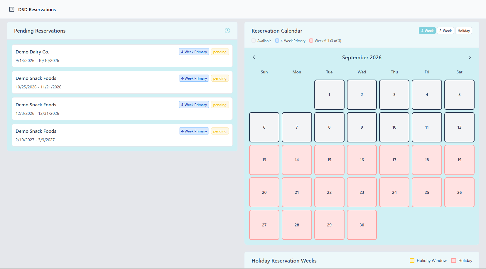 Pending reservations beside a month calendar whose full weeks are shaded red, with a legend reading Week full 3 of 3