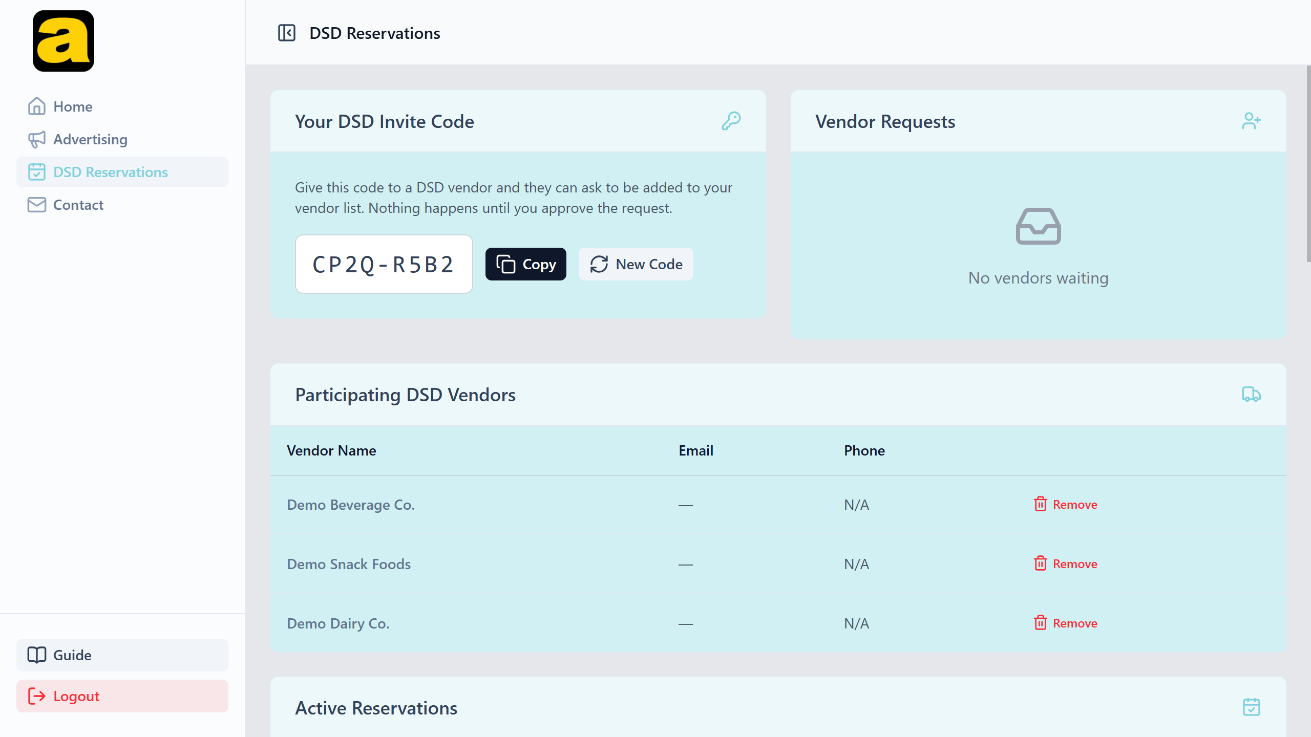 The DSD screen showing the invite code with Copy and New Code buttons, the vendor requests panel, and the participating vendors table