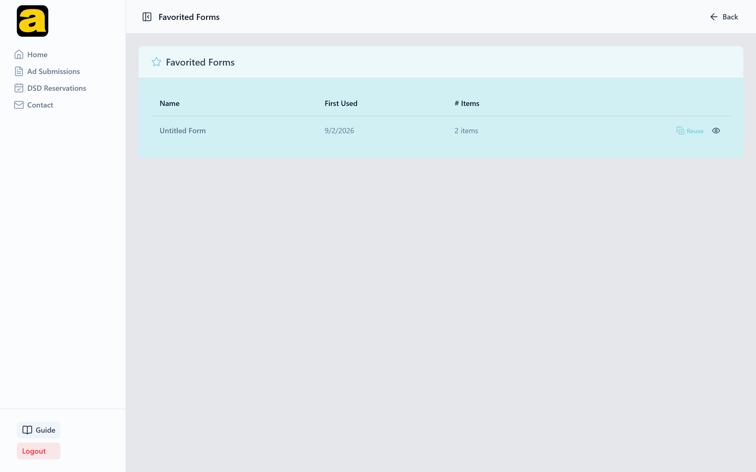 Favorited Forms table listing saved forms with Reuse and view buttons