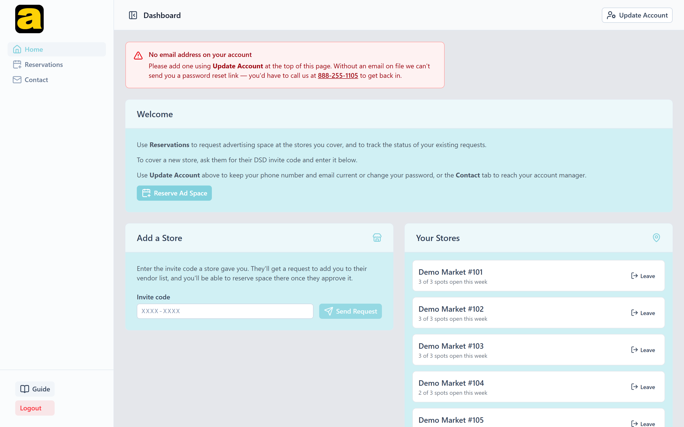 Vendor dashboard with the Add a Store invite code field and the list of approved stores