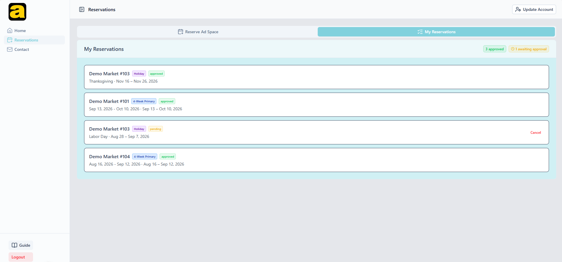 My Reservations listing each booking's store, promotion type, status and dates, with Cancel on the pending one