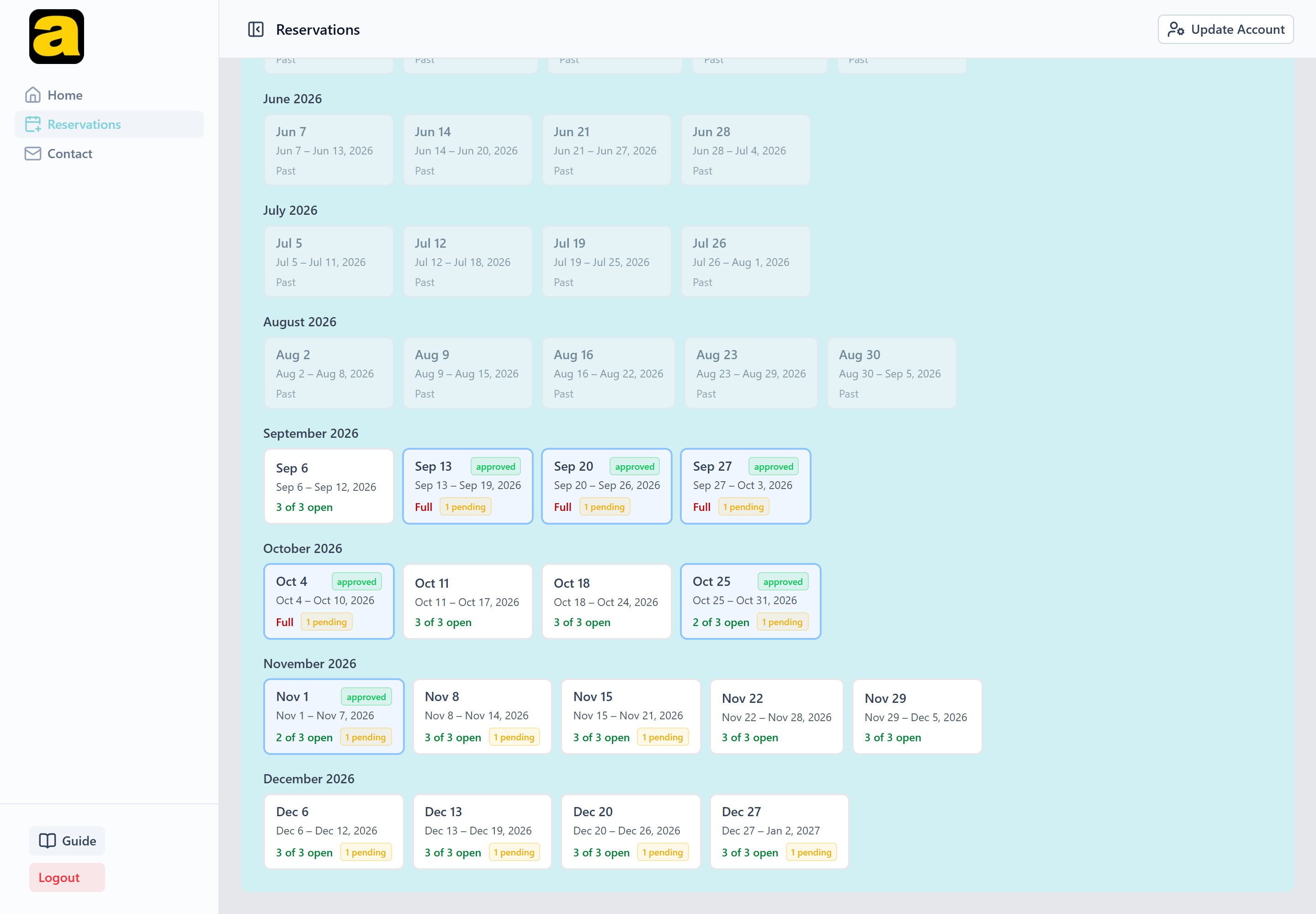 The reservation grid, one row of weeks per month, each week showing slots open, Full, or an approved badge