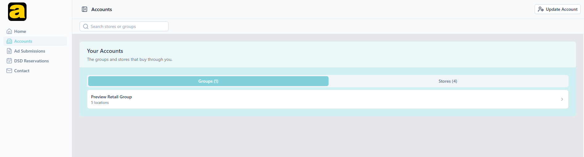 The Accounts page on its Groups tab, with Groups (1) and Stores (4) tab labels, a search box, and one group row showing its location count