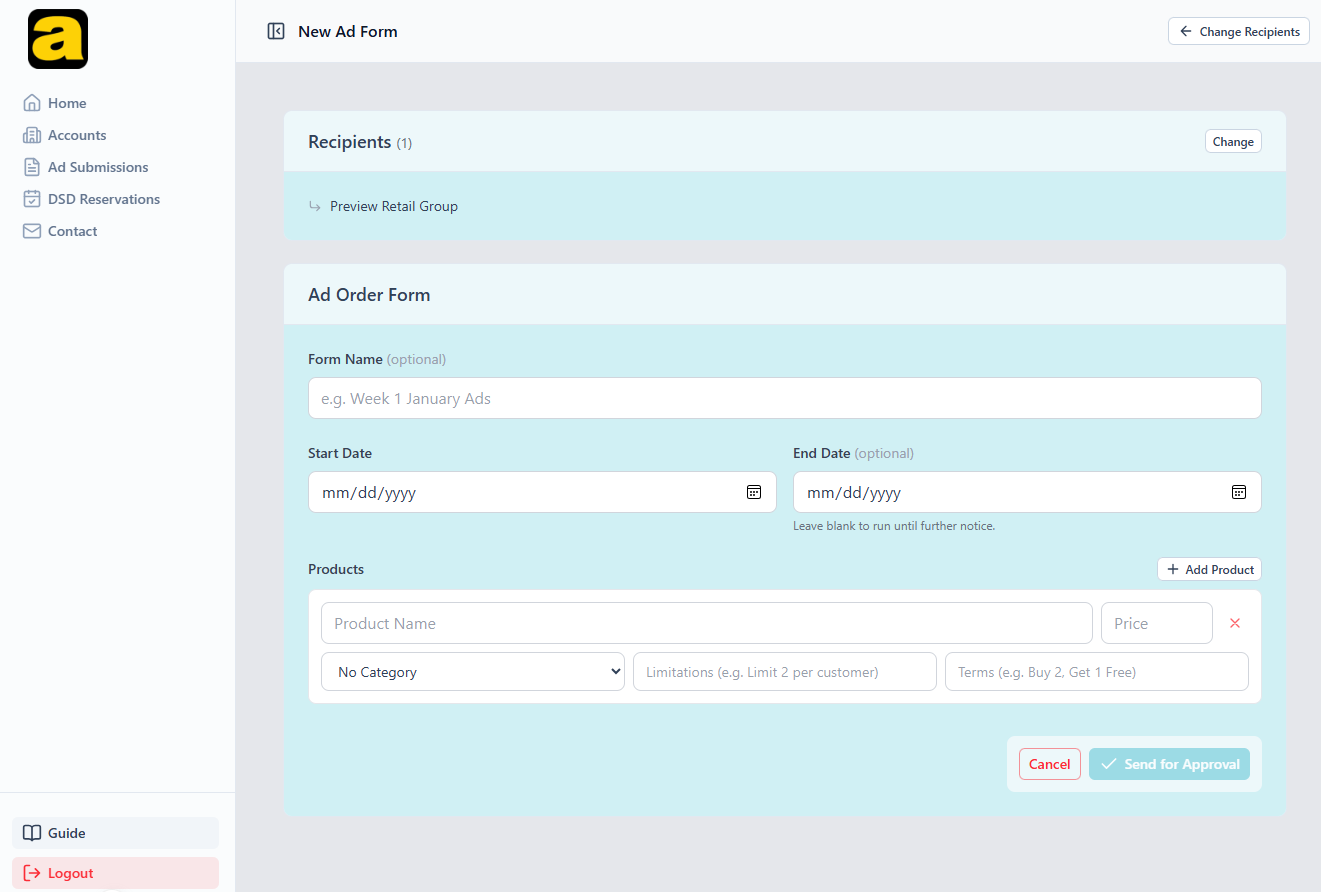 Step 2 of New Ad Form: a Recipients card listing the chosen group with a Change button, above the ad order form with its product row and a Send for Approval button