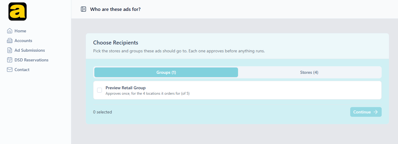 The Choose Recipients step on its Groups tab: one group row reading Approves once, for the 4 locations it orders for (of 5), with a selected count and Continue button