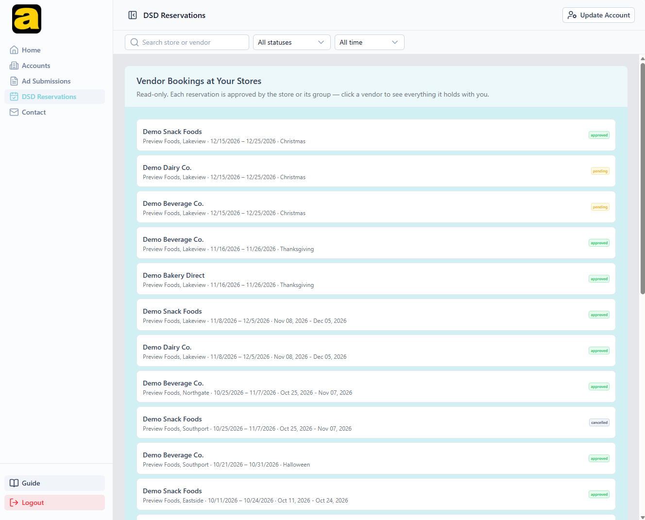 Vendor Bookings at Your Stores: a search box, All statuses and All time filters, and a list of bookings each naming the vendor, the store, the dates and a status of approved, pending or cancelled