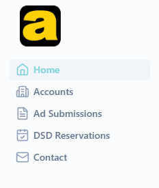 Warehouse sidebar listing Home, Accounts, Ad Submissions, DSD Reservations and Contact