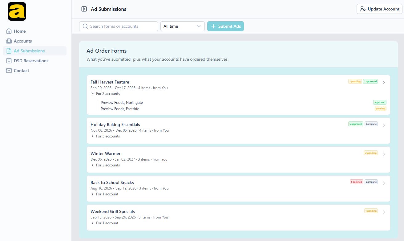 The warehouse's Ad Submissions list: five forms each with rollup badges such as 1 pending 1 approved, 5 approved Complete, 2 pending, and 1 declined Complete; the first is expanded to show one recipient approved and one pending